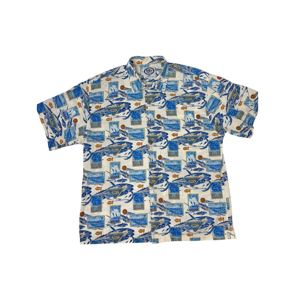Bluewater Wear IGFA Fishing Camp Shirt XXL Fish Stamp Hawaiian Button Up USA